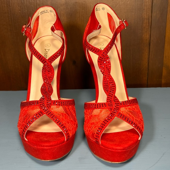 Super Sexy Red Suede, Lace & Rhinestone Stiletto Heels by Dream Pairs. 9.5M ❤️❤️ - Picture 3 of 10
